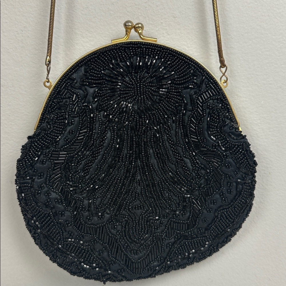 Vintage Black Silk Beaded Kiss Lock Clutch Purse - Picture 7 of 12